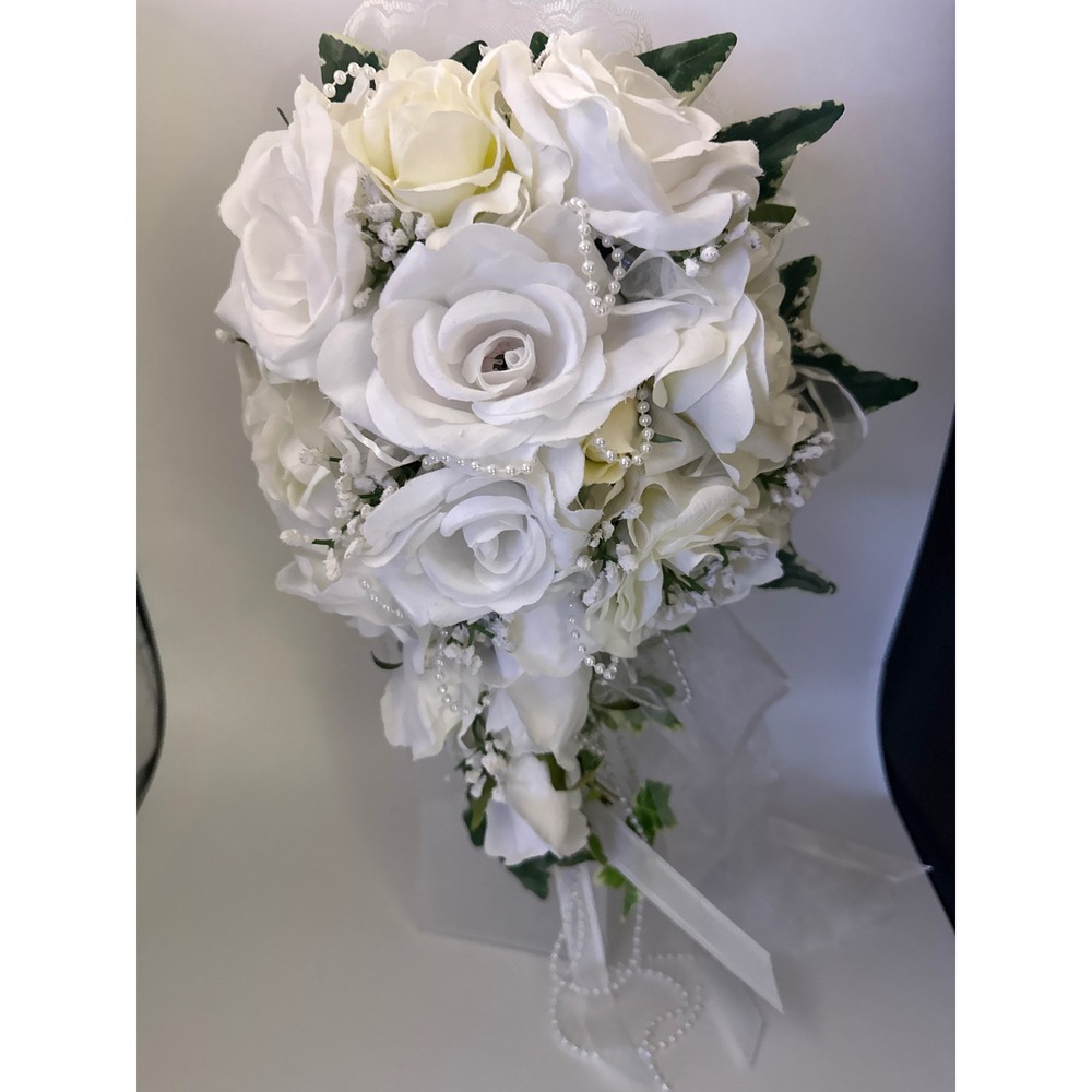 White Silk Rose Cascading Bridal Bouquet with Pearls Lace and Ribbon Accents